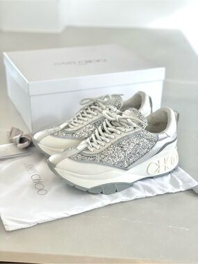 NWT Jimmy Choo Raine Silver Mix Chunky Sneakers w/ box and dust bag EU38 US8